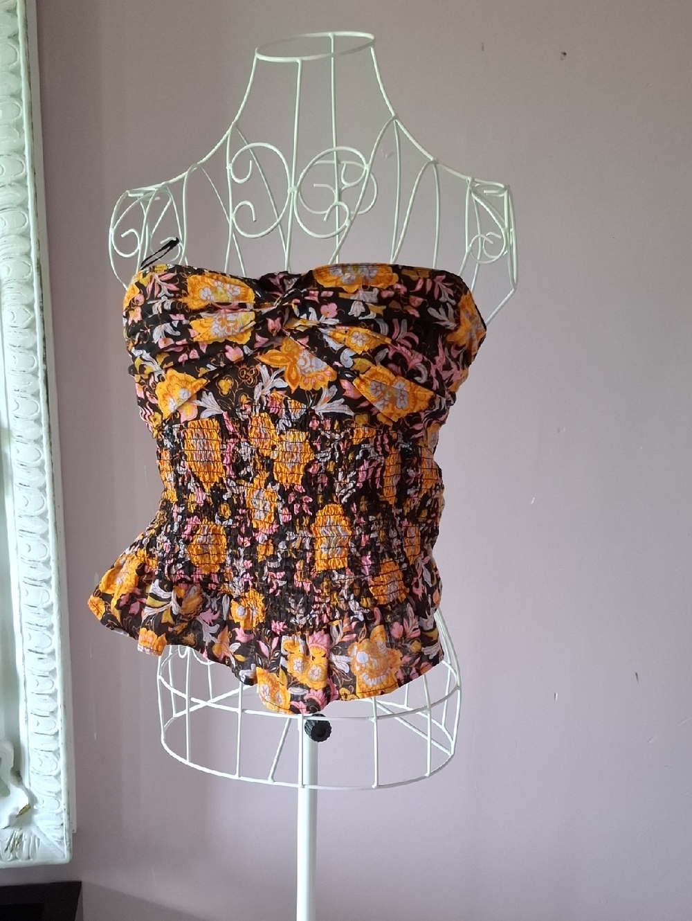 Free People Strapless Floral Smocked Peplum Camisole - Black, Mustard & Pink